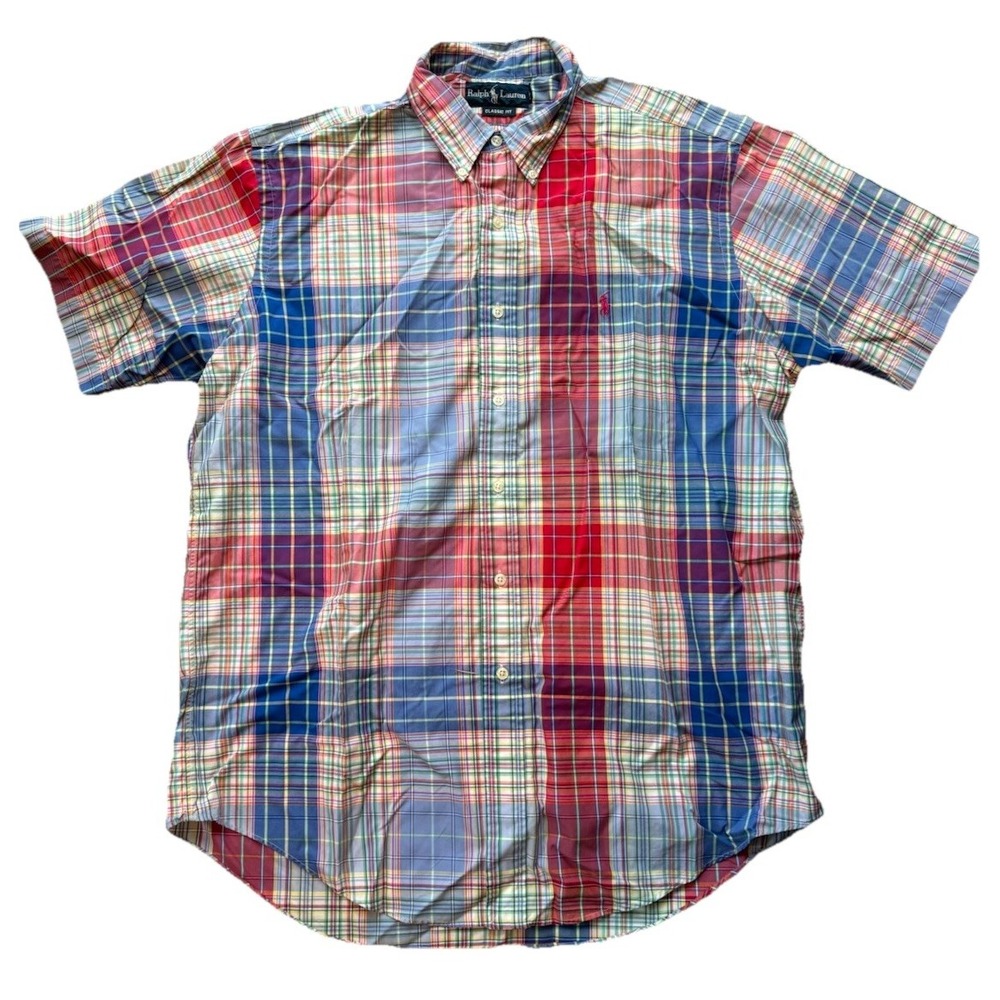 Vintage Polo Ralph Lauren Madras Plaid Short Sleeve Button-Down Shirt Men Large